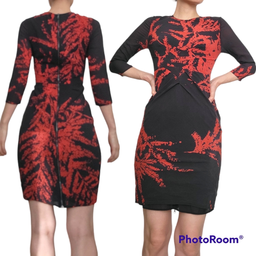 Whistles Phoebe Red Fern Print Bodycon Silk Dress Size 4